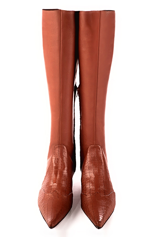 Terracotta orange women's knee-high boots, with laces at the back. Pointed toe. Low block heels. Made to measure. Top view - Florence KOOIJMAN